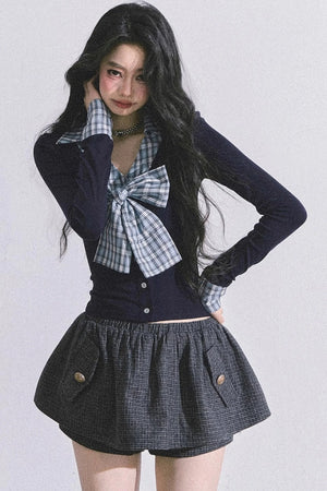 American Long-Sleeved Bow Plaid T-Shirt