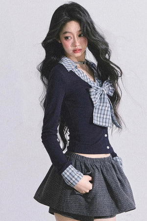 American Long-Sleeved Bow Plaid T-Shirt