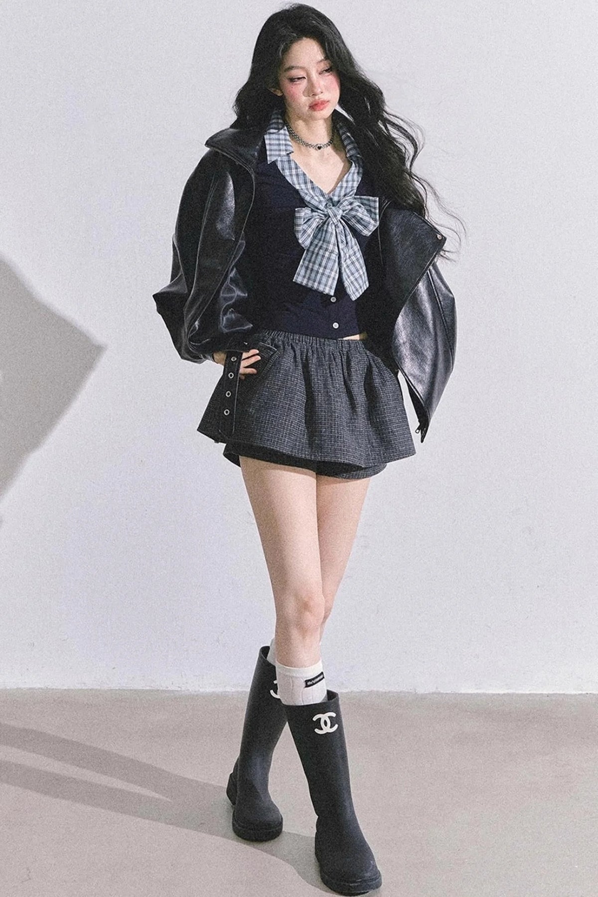 American Long-Sleeved Bow Plaid T-Shirt