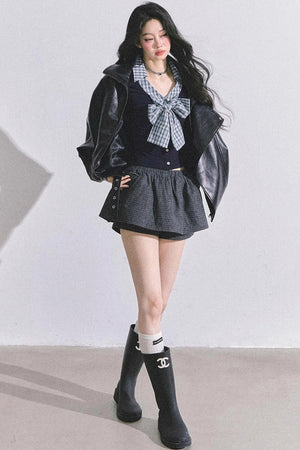 American Long-Sleeved Bow Plaid T-Shirt