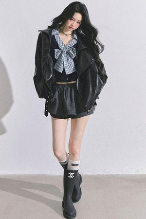 American Long-Sleeved Bow Plaid T-Shirt
