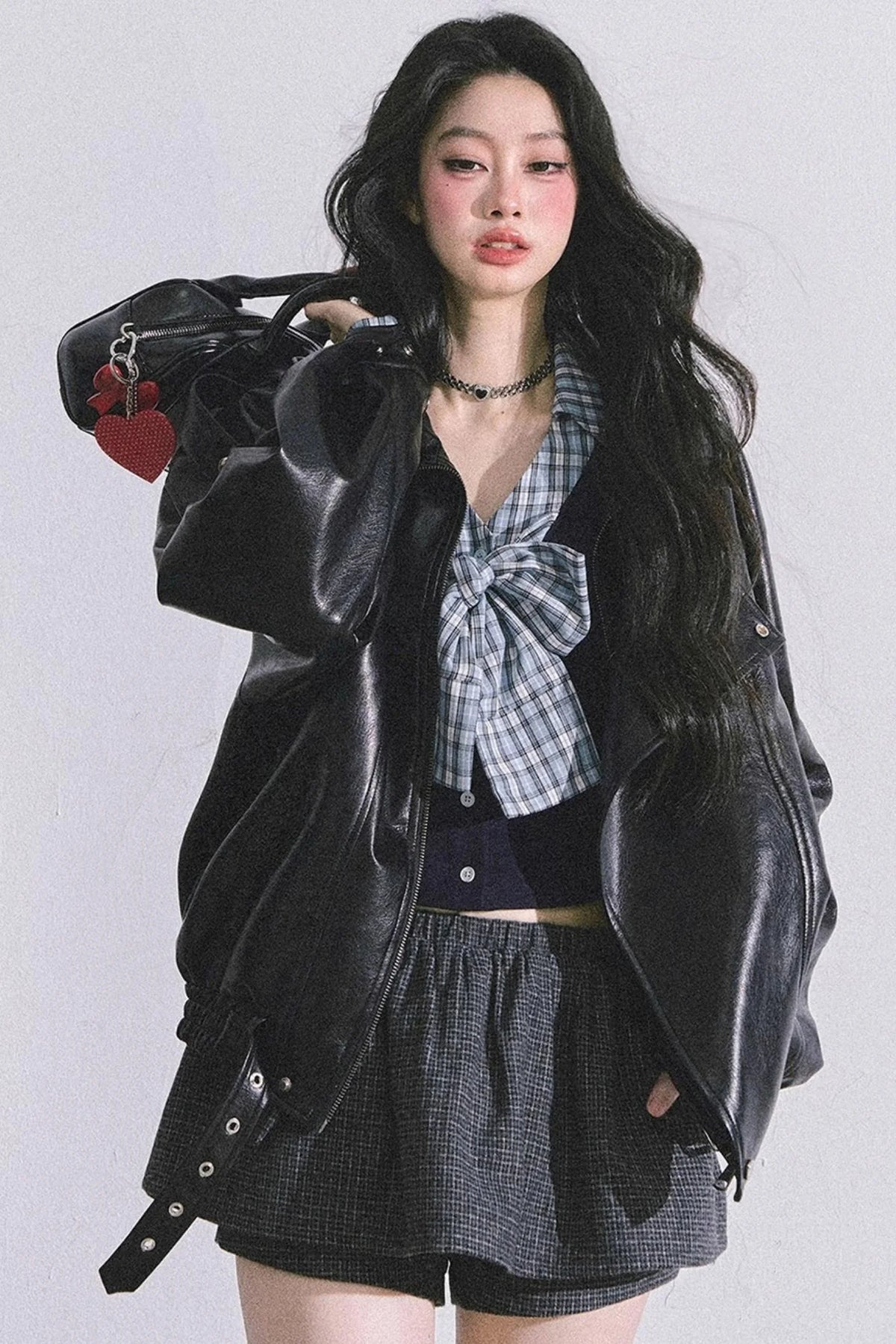 American Long-Sleeved Bow Plaid T-Shirt