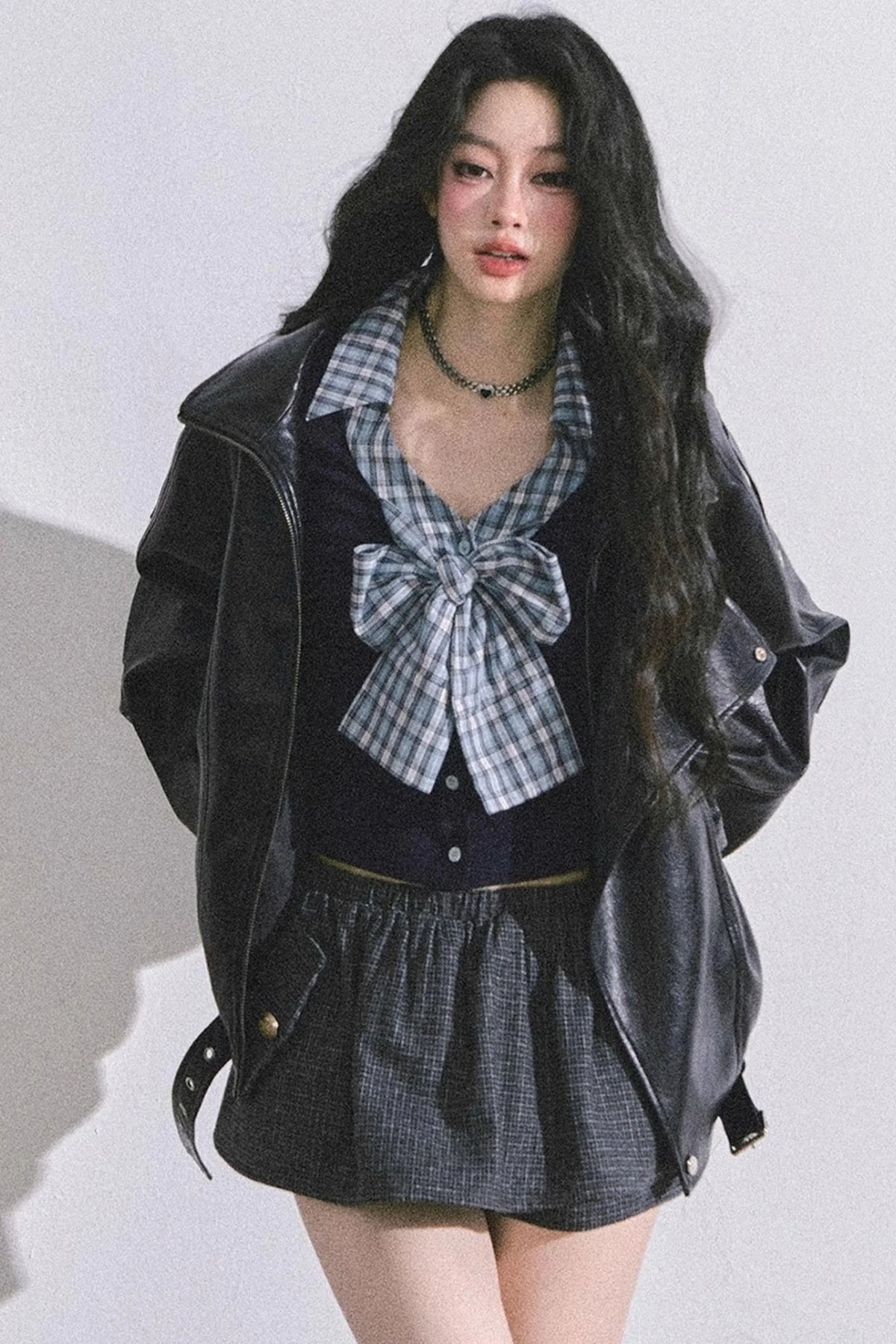 American Long-Sleeved Bow Plaid T-Shirt