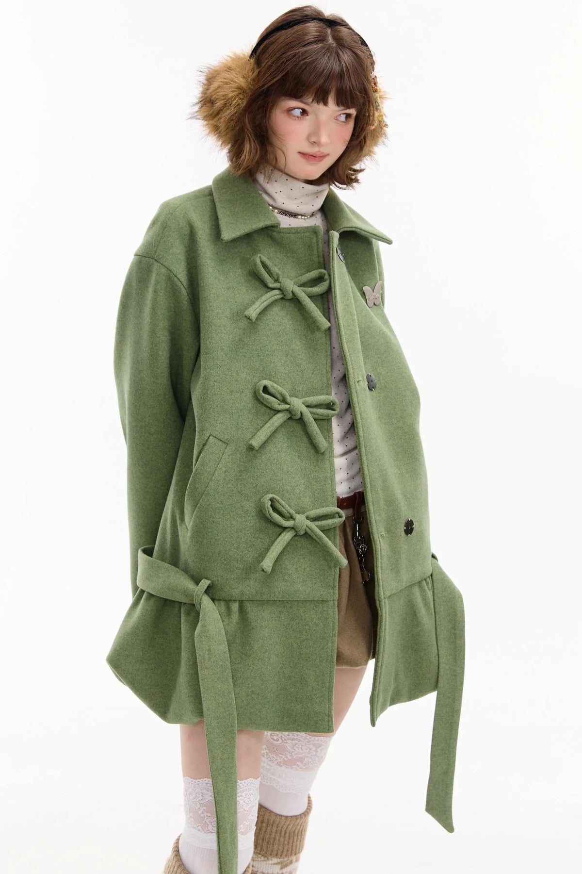 American Retro Bow Pocket Woolen Coat