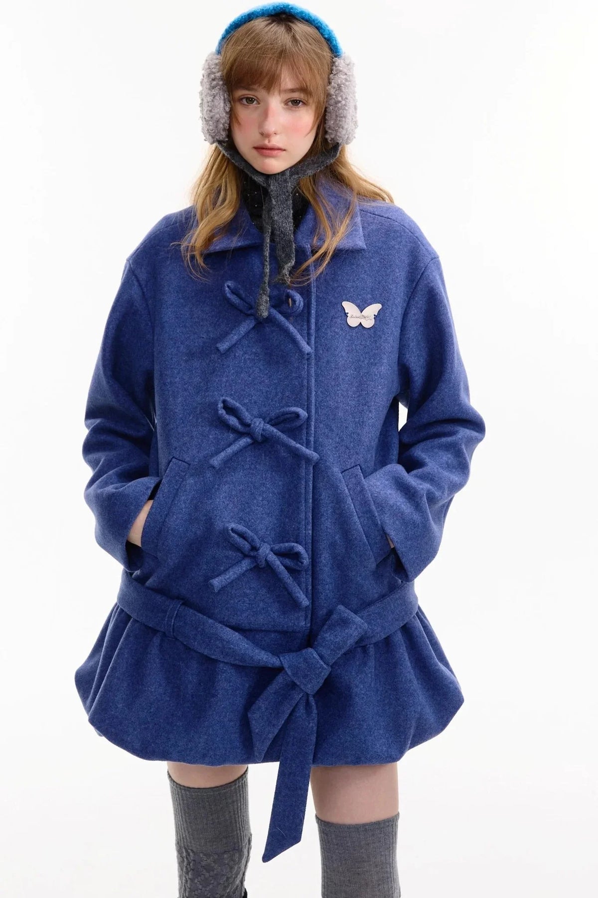 American Retro Bow Pocket Woolen Coat