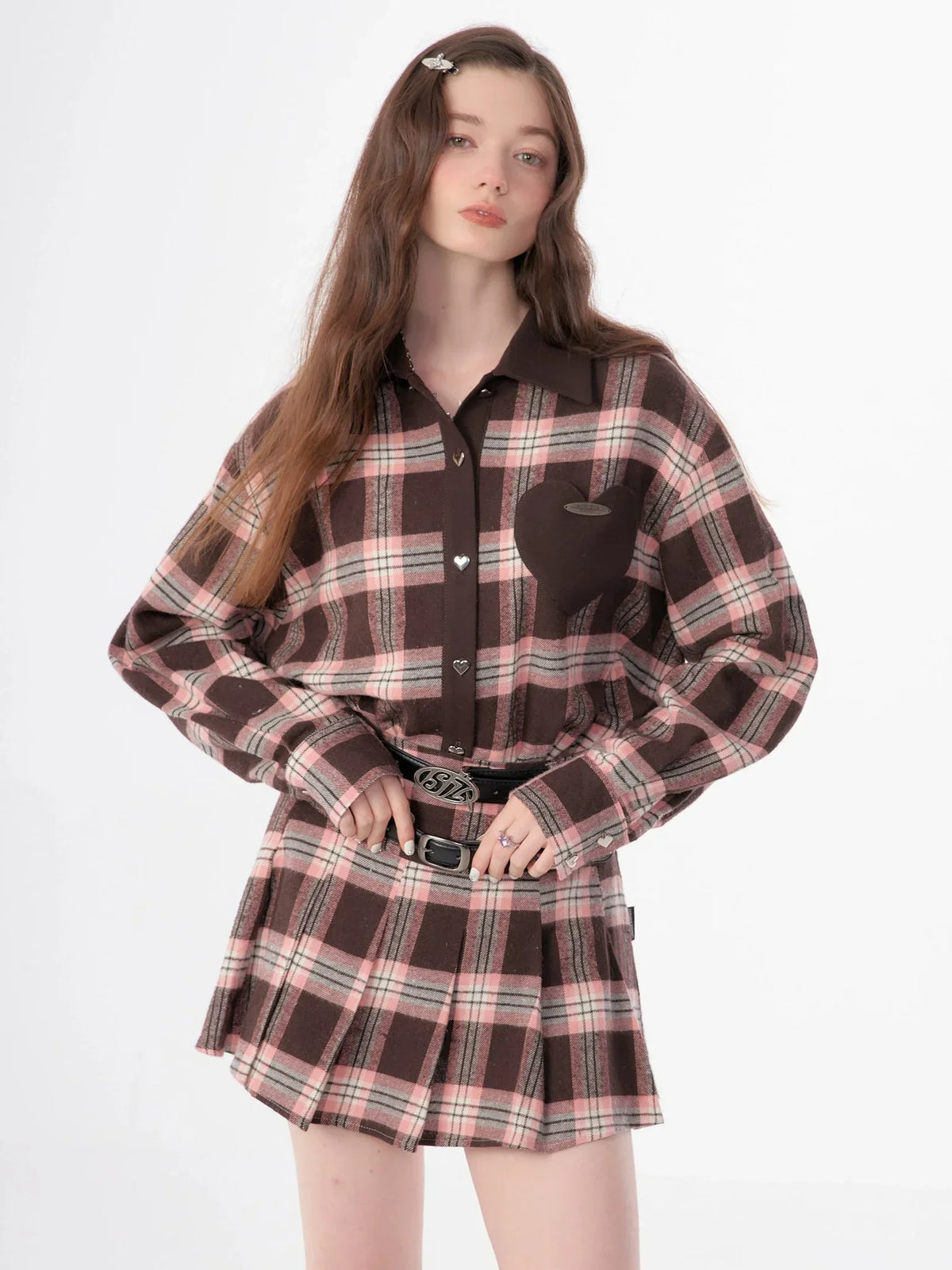 American retro casual love plaid long sleeve Shirt