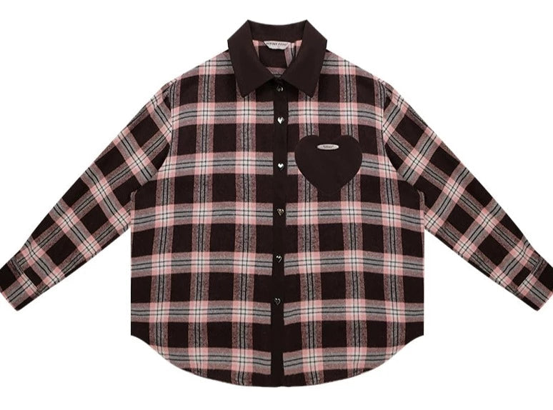 American retro casual love plaid long sleeve Shirt