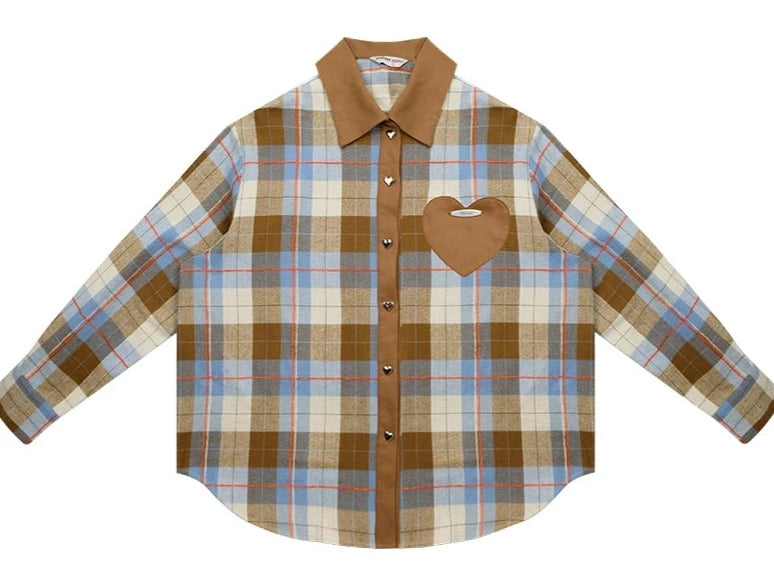 American retro casual love plaid long sleeve Shirt