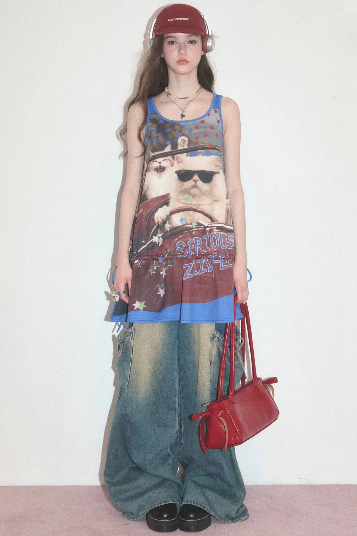 American Retro Cat Print Street Vest Dress