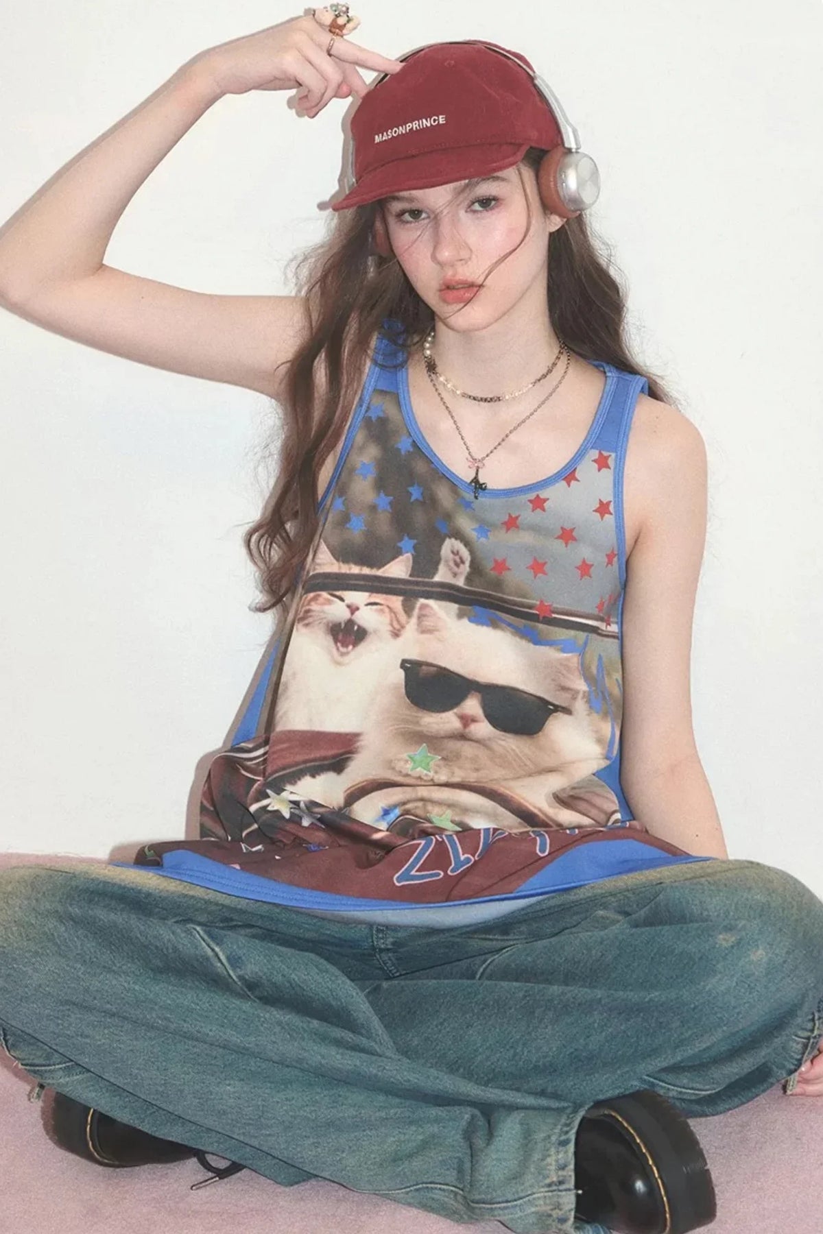 American Retro Cat Print Street Vest Dress