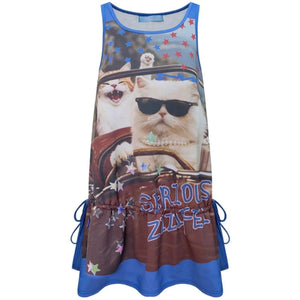 American Retro Cat Print Street Vest Dress