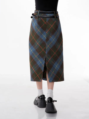 american retro high waist blue plaid skirt
