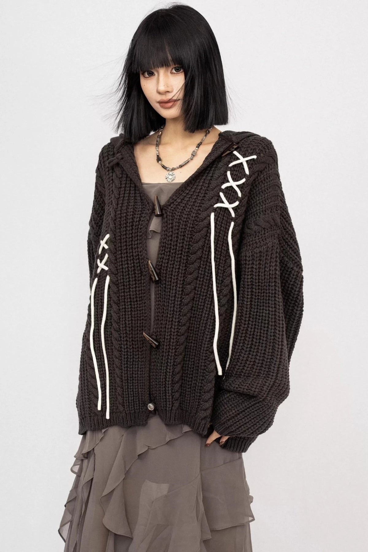 American Retro Knitted Hooded Cardigan