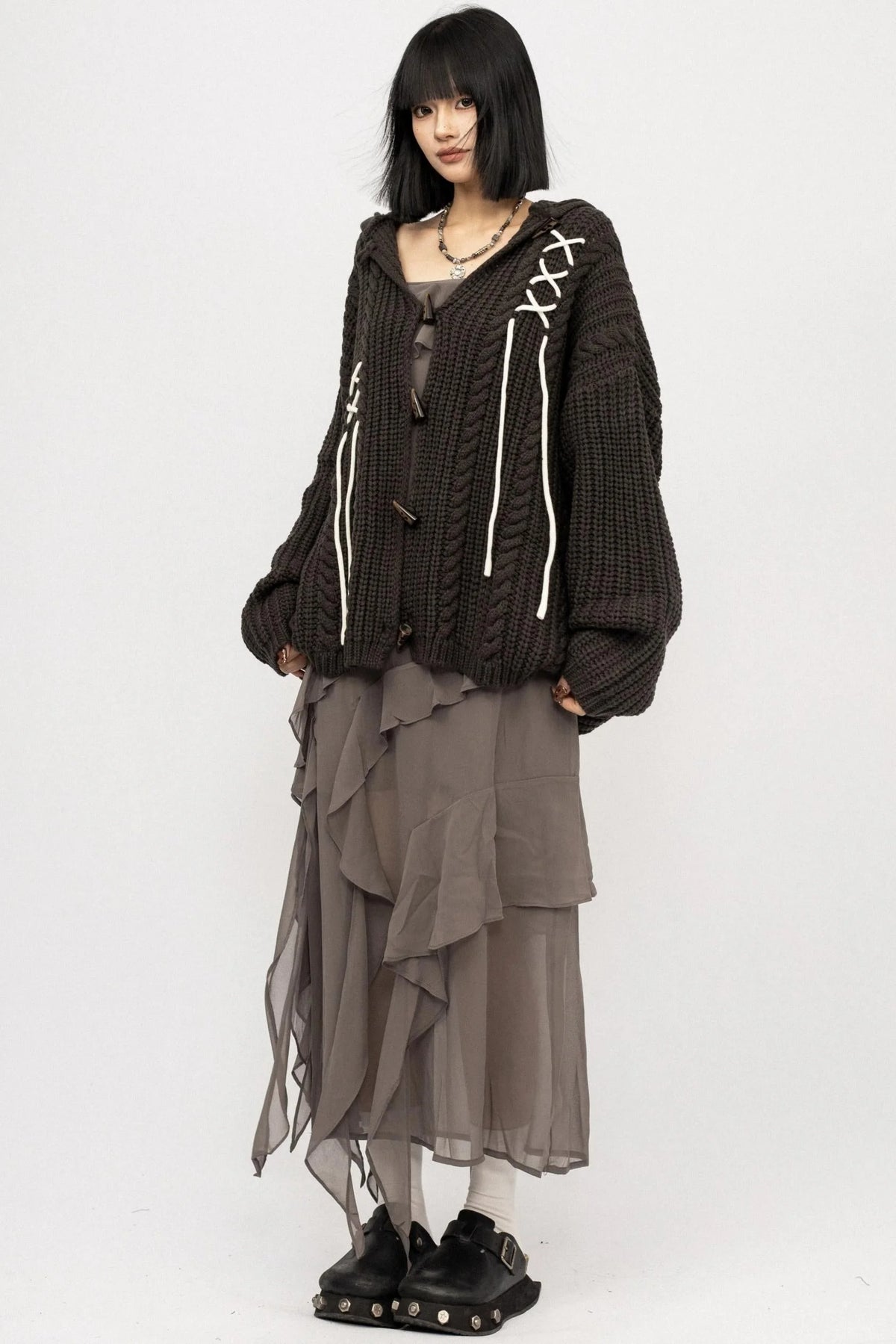 American Retro Knitted Hooded Cardigan