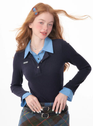 american retro leeve fake two-piece top