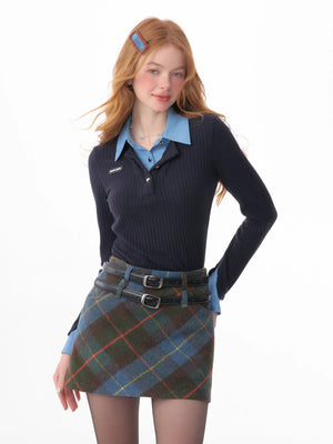 american retro leeve fake two-piece top
