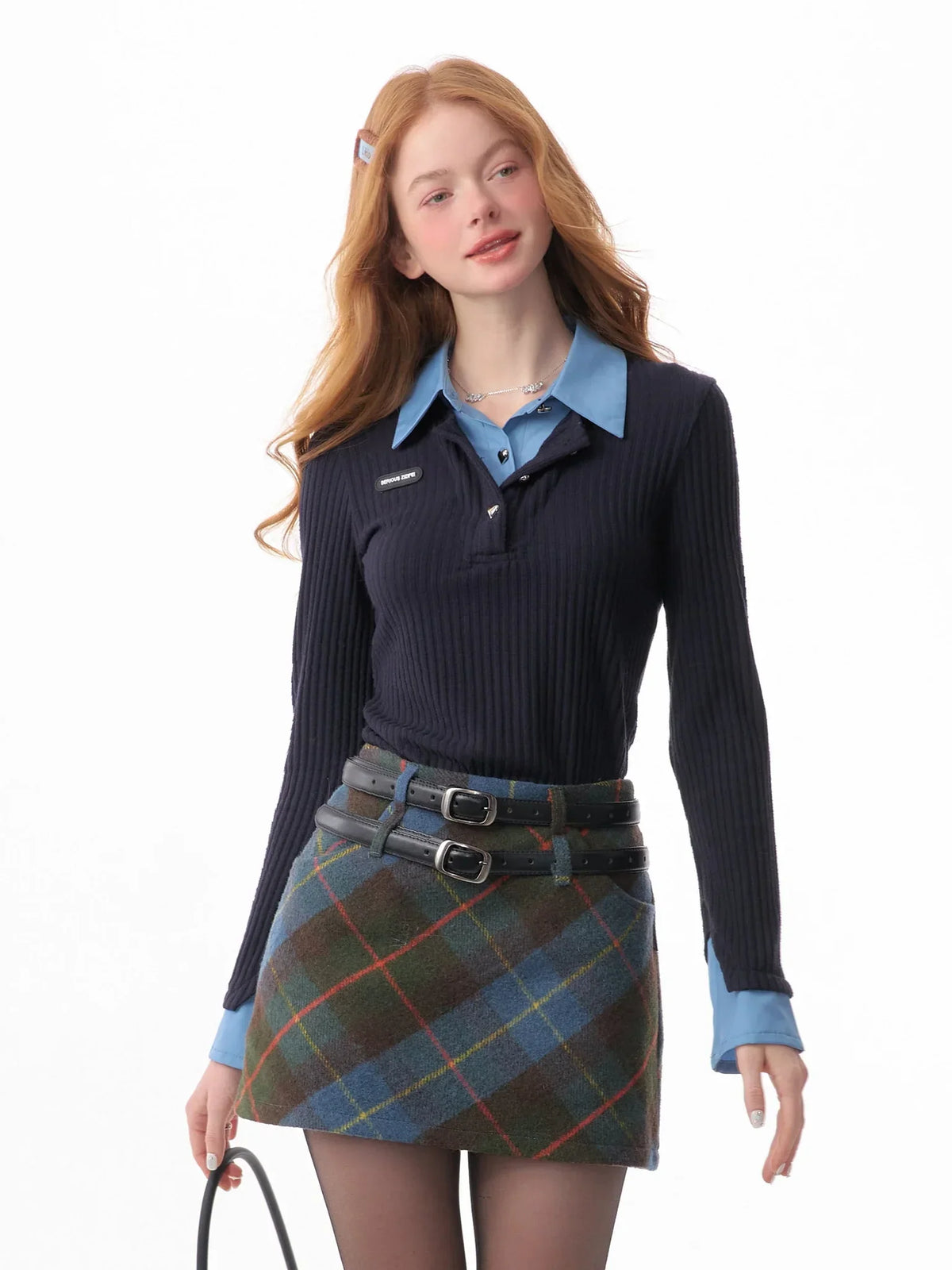american retro leeve fake two-piece top