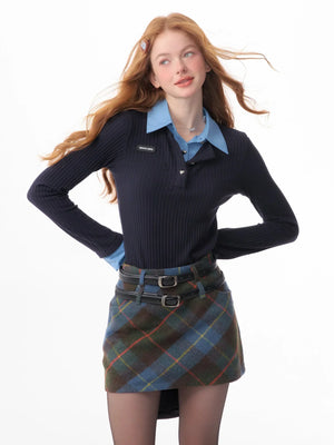 american retro leeve fake two-piece top