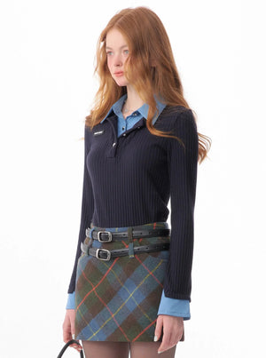 american retro leeve fake two-piece top