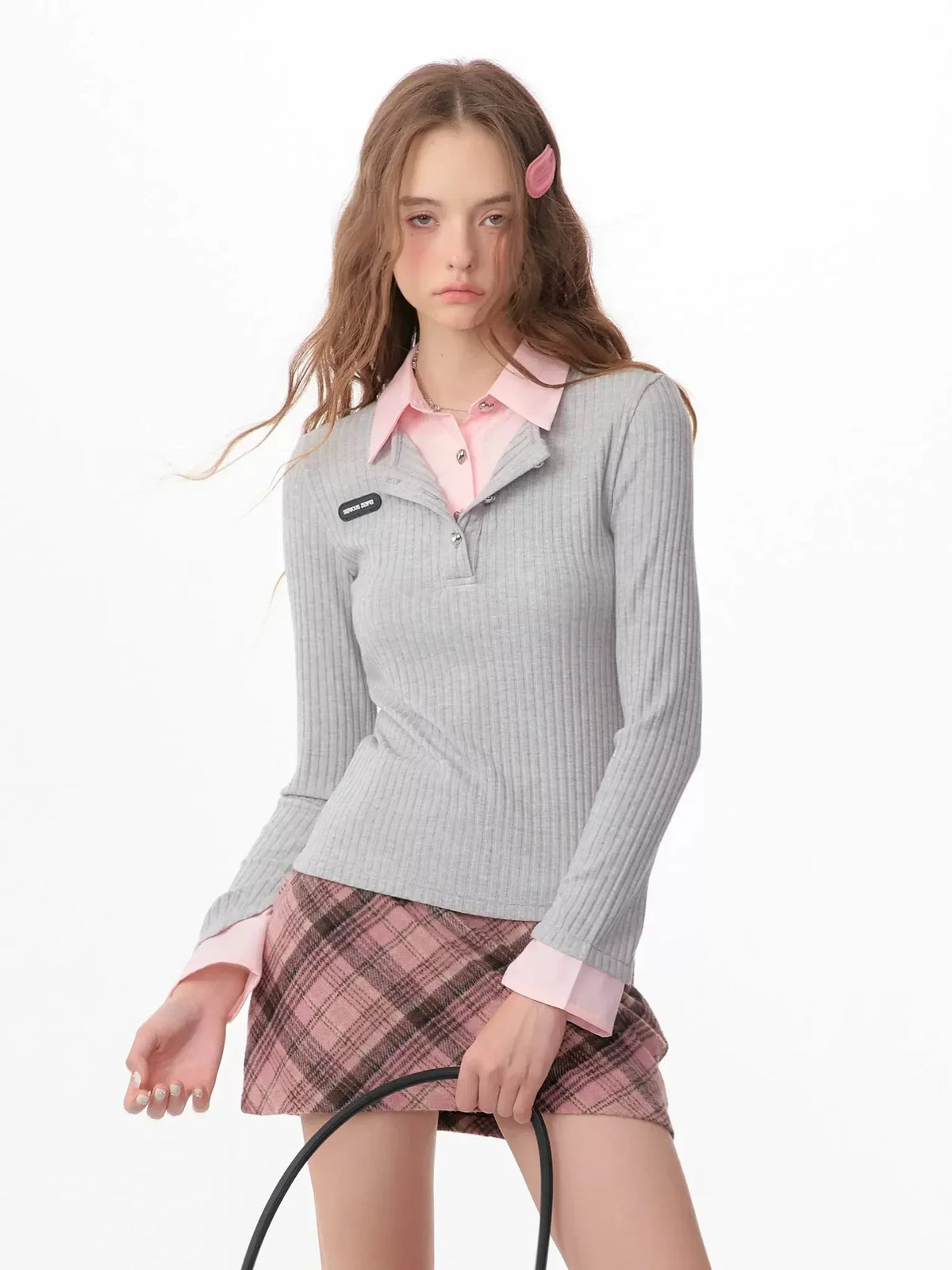 american retro leeve fake two-piece top