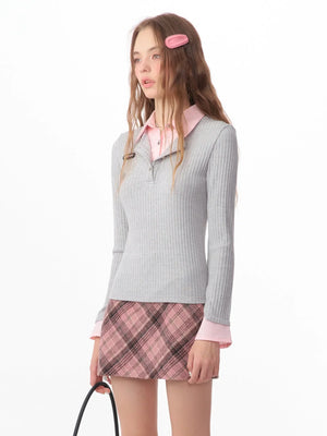 american retro leeve fake two-piece top