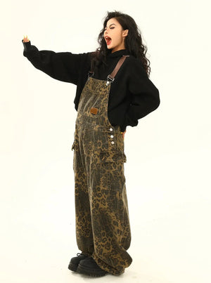 American retro leopard print cargo pocket bib pant