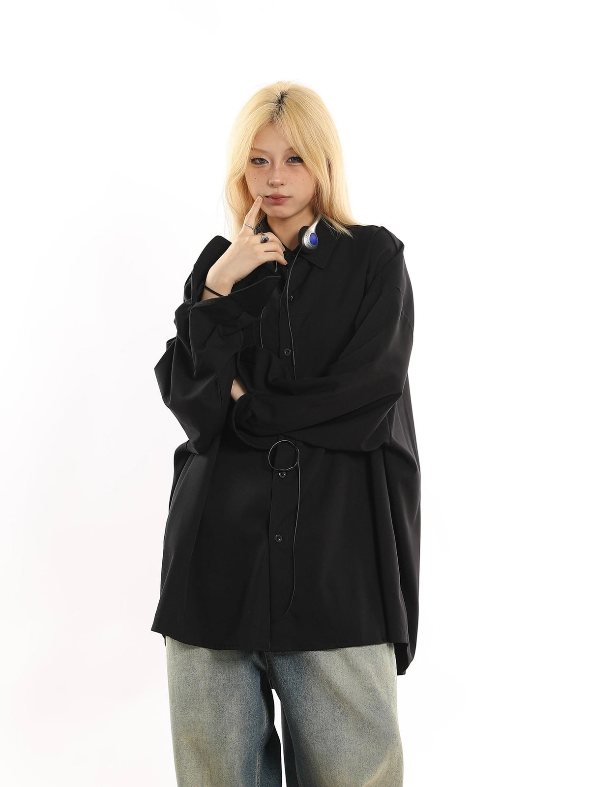 American Retro Loose Drap Solid Color Shirt