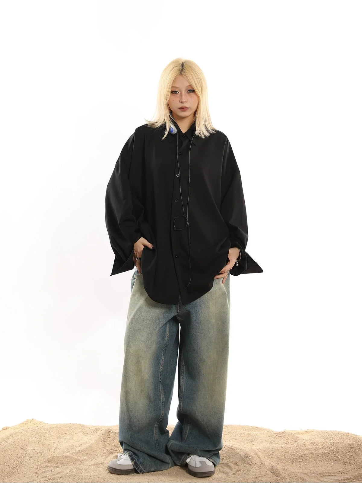 American Retro Loose Drap Solid Color Shirt