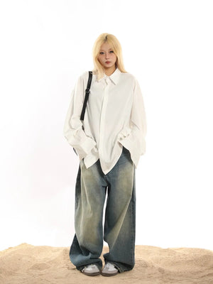 American Retro Loose Drap Solid Color Shirt