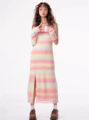 American retro slim rainbow knit bottom long Dress