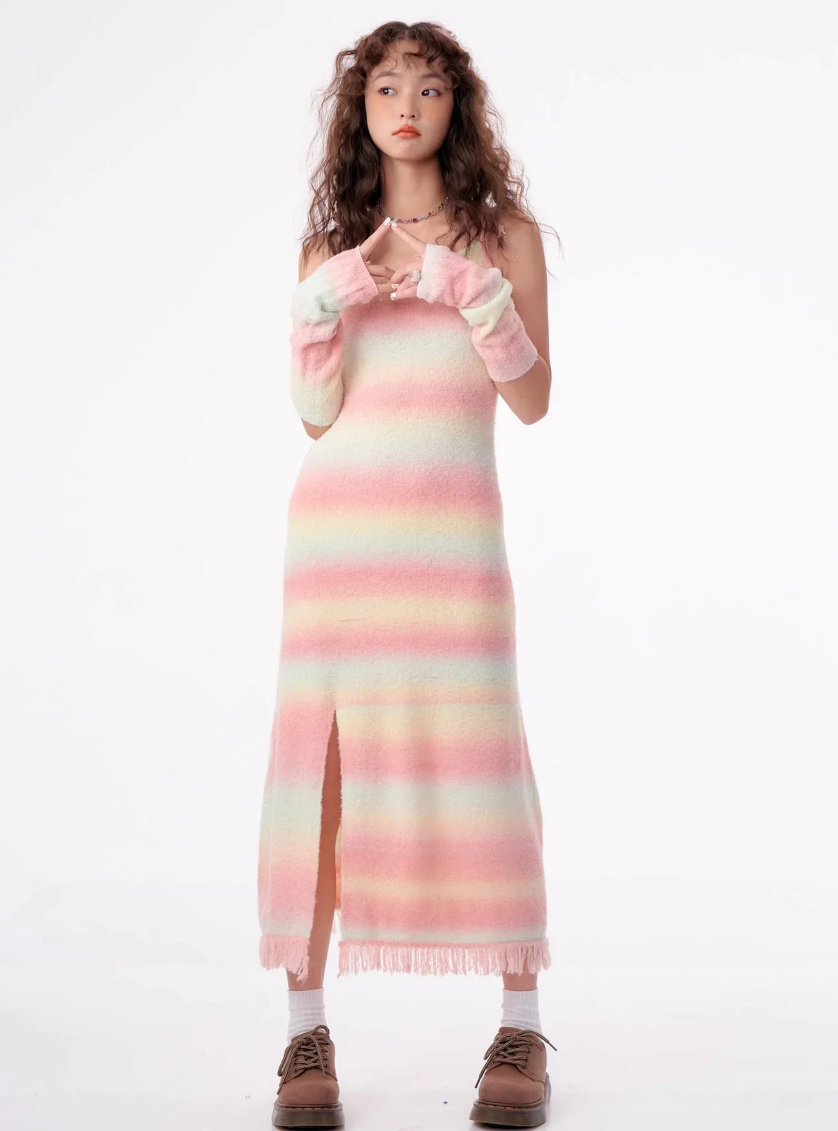 American retro slim rainbow knit bottom long Dress