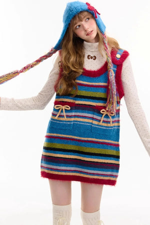 American Retro Striped Bow Knitted Vest Dress