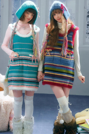 American Retro Striped Bow Knitted Vest Dress