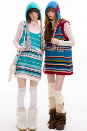 American Retro Striped Bow Knitted Vest Dress
