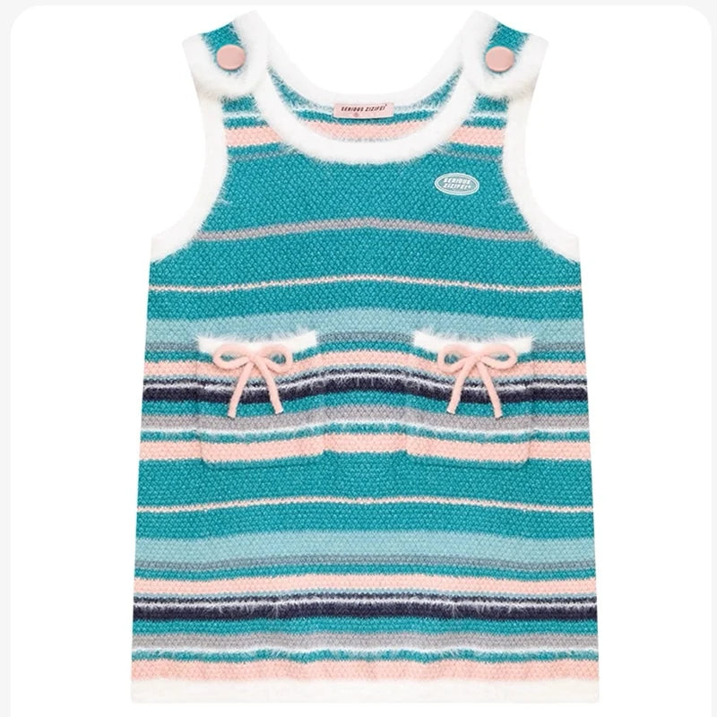 American Retro Striped Bow Knitted Vest Dress