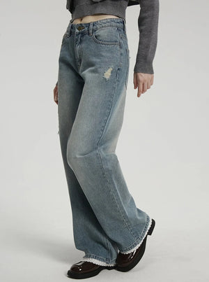 American retro washed lace pants