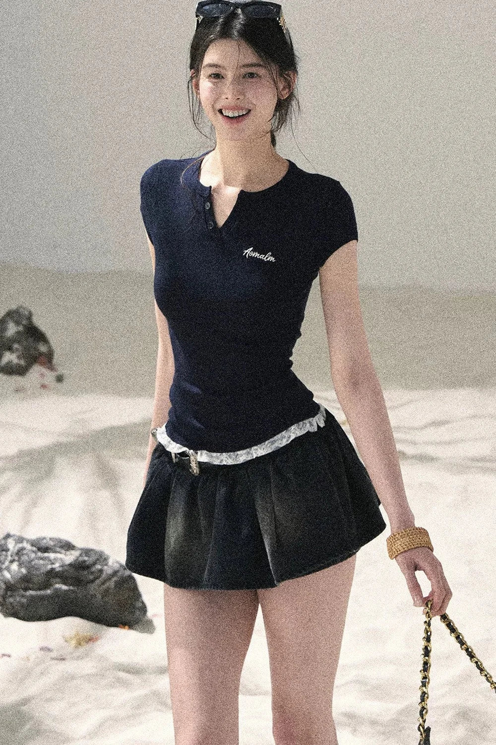 American Style Lace Fake Two-Piece Top