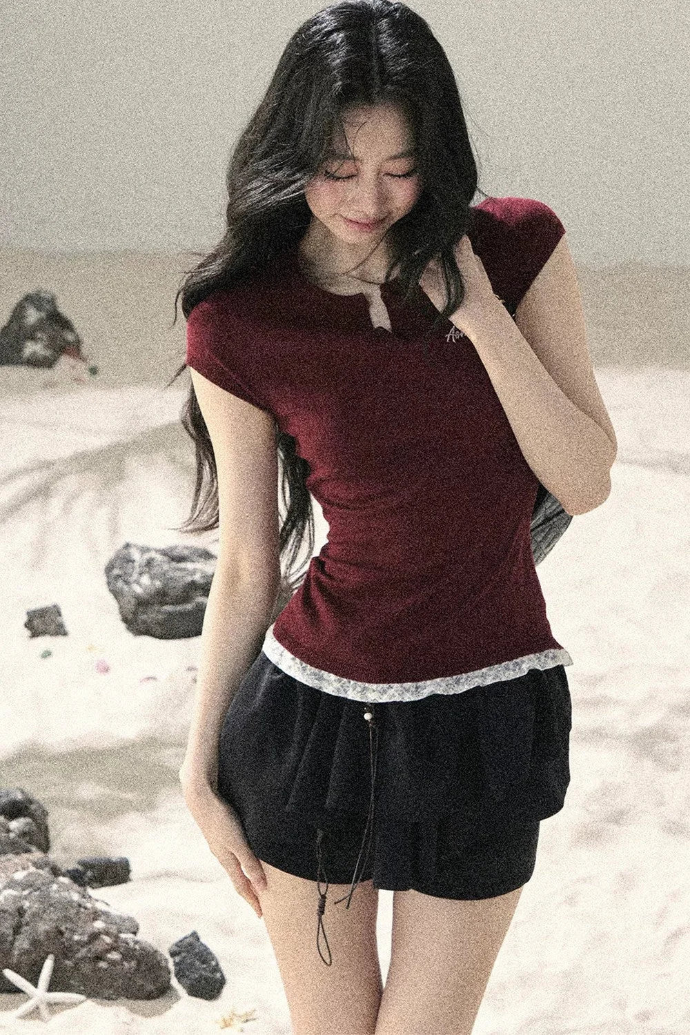 American Style Lace Fake Two-Piece Top