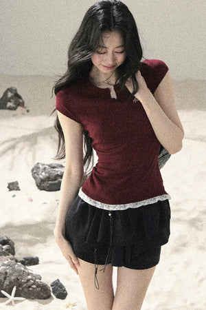 American Style Lace Fake Two-Piece Top