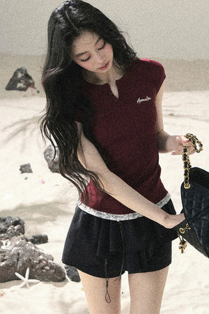 American Style Lace Fake Two-Piece Top