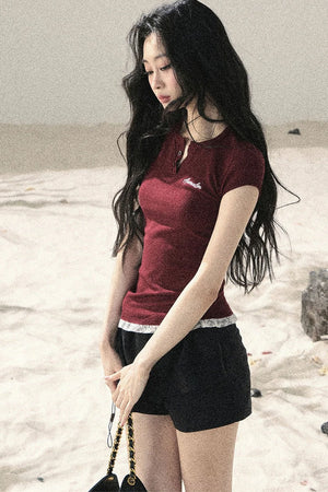 American Style Lace Fake Two-Piece Top
