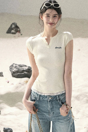 American Style Lace Fake Two-Piece Top
