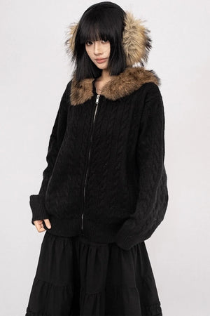 American Vintage Knitted Hooded Black Sweater Jacket