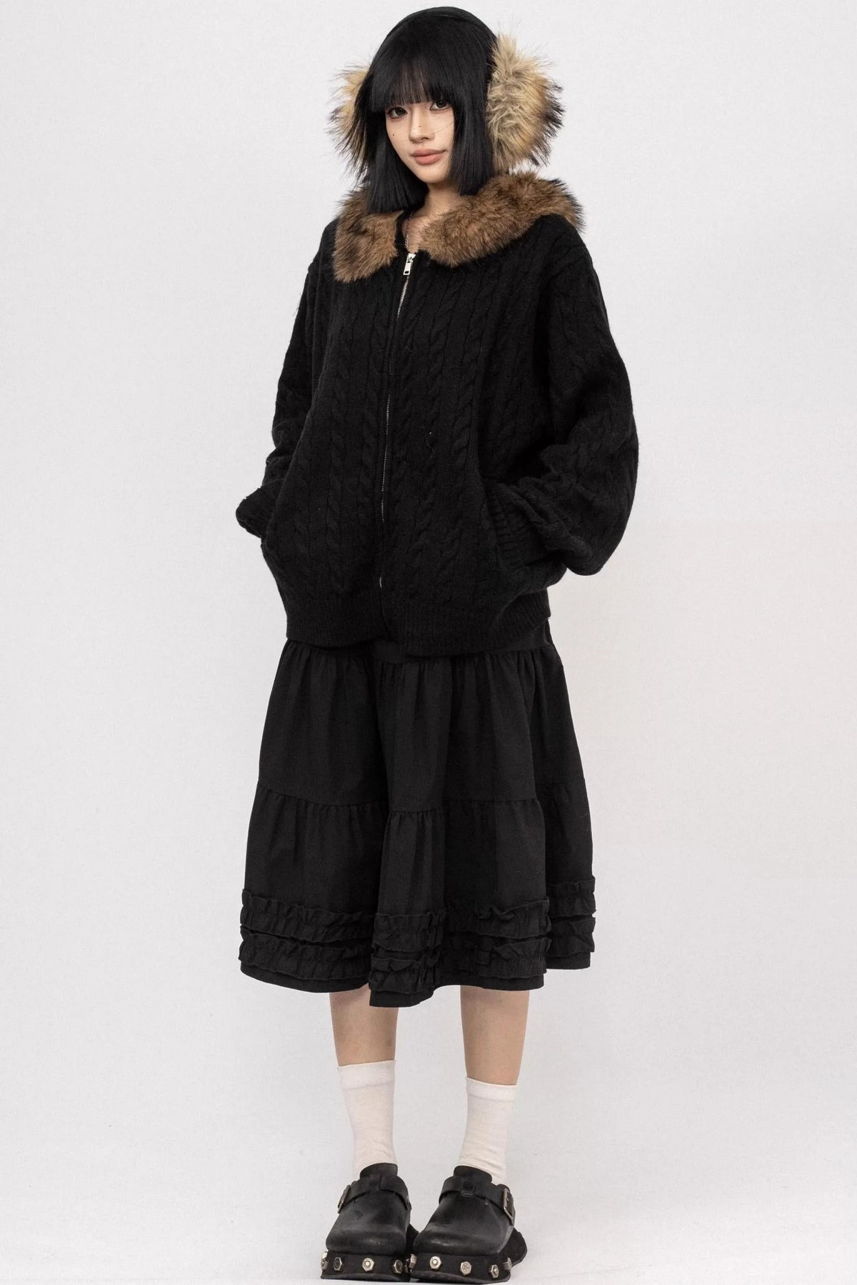 American Vintage Knitted Hooded Black Sweater Jacket