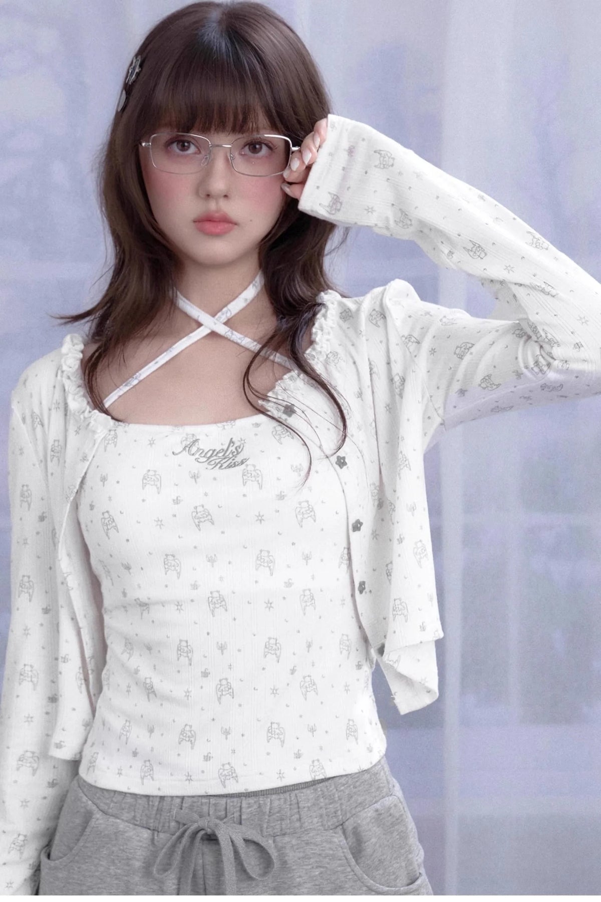 Angel Bear Print Camisole Cardigan Set-Up