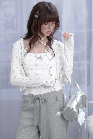 Angel Bear Print Camisole Cardigan Set-Up