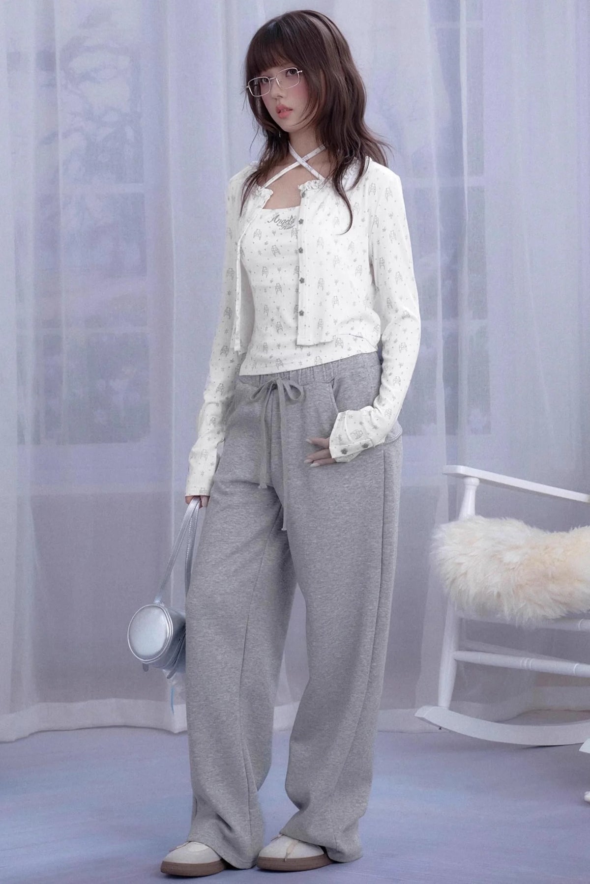 Angel Bear Print Camisole Cardigan Set-Up