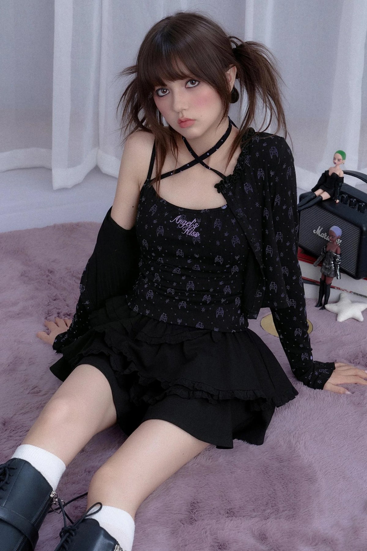 Angel Bear Print Camisole Cardigan Set-Up