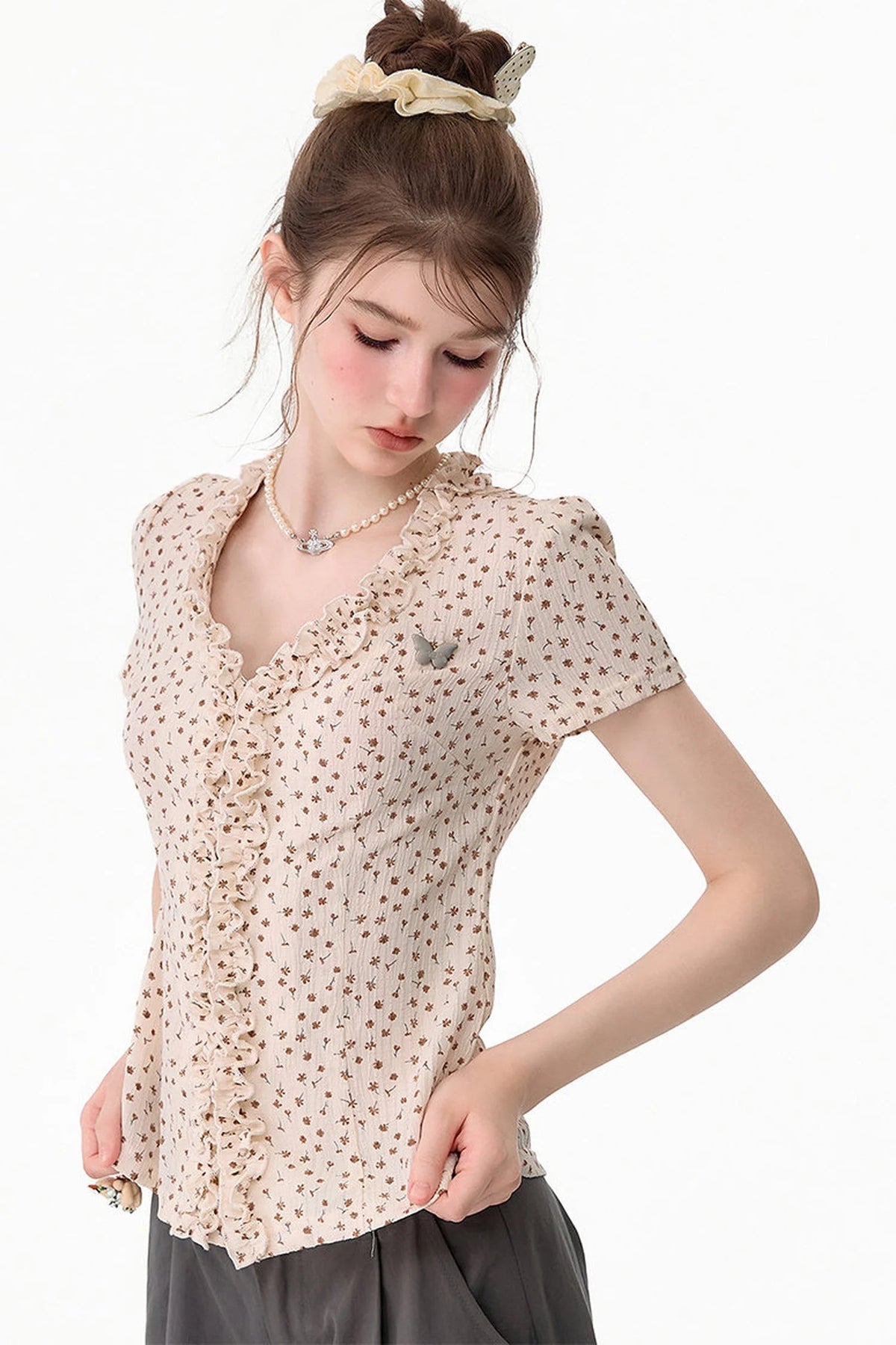 Apricot Polka Dot Lace V-Neck T-Shirt