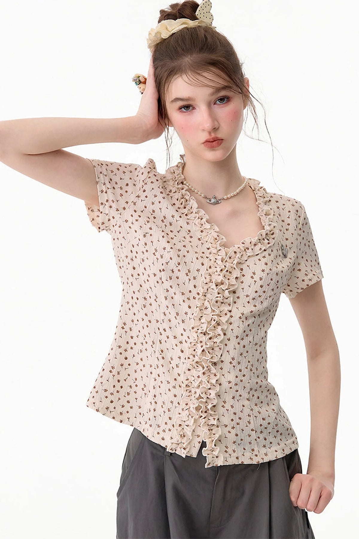 Apricot Polka Dot Lace V-Neck T-Shirt